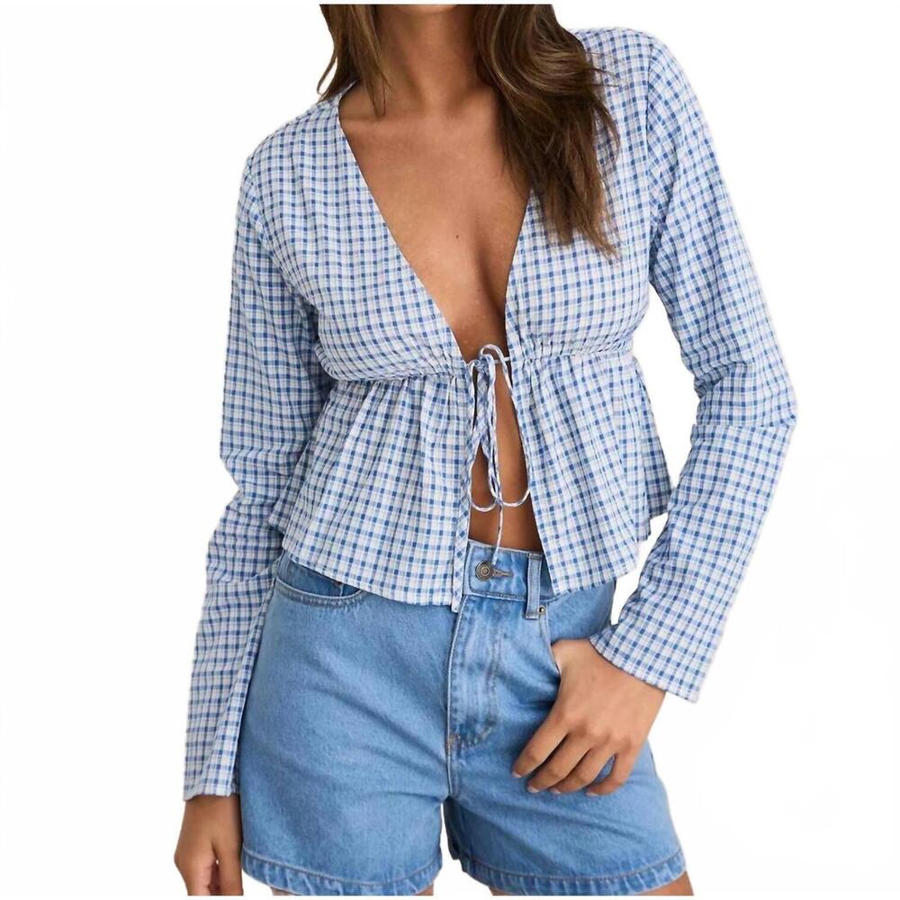 NEW RHYTHM. lola check tie front long sleeve top in blue